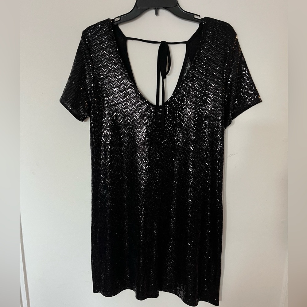 Black Sequin Minidress, V Neck, Short Sleeve, Tie Back